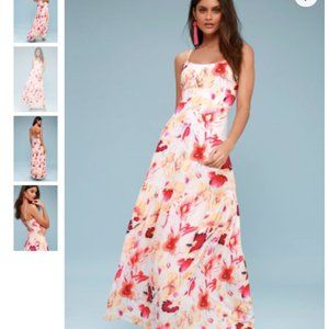 Watercolors White Floral Lace-Up Maxi Dress